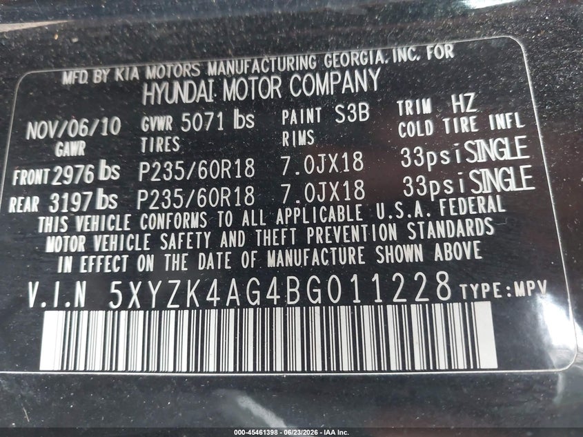 2011 Hyundai Santa fe VIN 5XYZK4AG4BG011228 IAAI salvage auction — NORMAL WEAR, Clear (Tennessee), sold $875 on 2026-07-29 (photo 9)