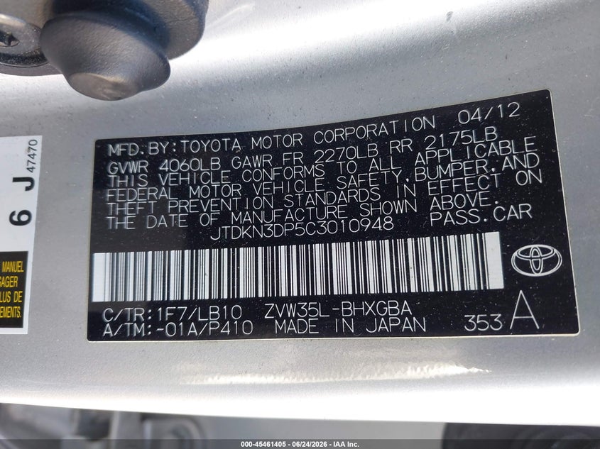 2012 Toyota Prius VIN JTDKN3DP5C3010948 IAAI salvage auction — LEFT FRONT, Salvage (California), sold $6,150 on 2026-07-13 (photo 9)