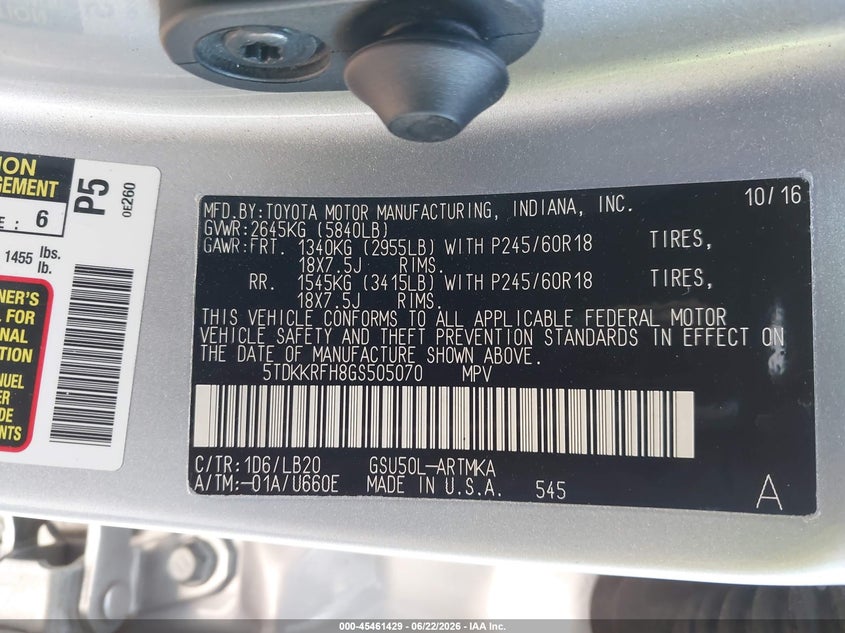 2016 Toyota Highlander VIN 5TDKKRFH8GS505070 IAAI salvage auction — FRONT END, Salvage Title - Dealer (California), sold $8,000 on 2026-07-20 (photo 9)