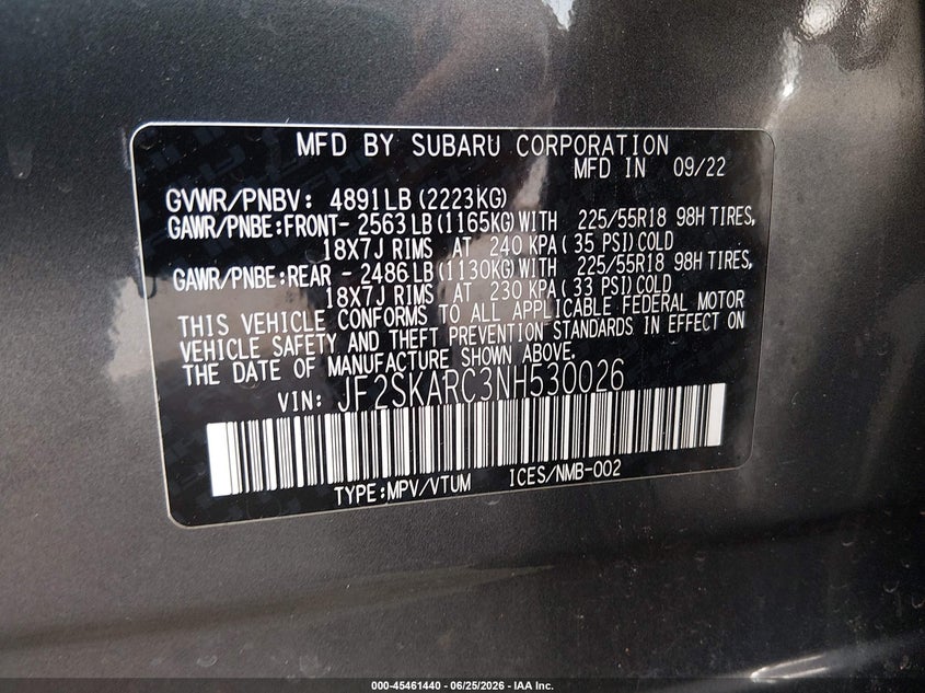 2022 Subaru Forester VIN JF2SKARC3NH530026 IAAI salvage auction — FRONT END, Salvage Title, sold $3,000 on 2026-07-29 (photo 9)