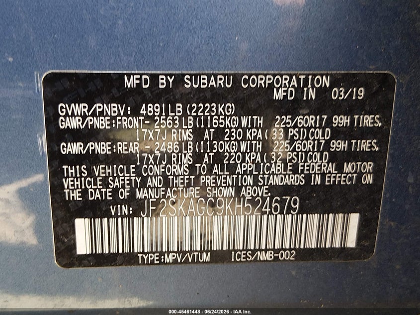 2019 Subaru Forester VIN JF2SKAGC9KH524679 IAAI salvage auction — NORMAL WEAR, Clear (Washington), sold $7,300 on 2026-07-08 (photo 9)