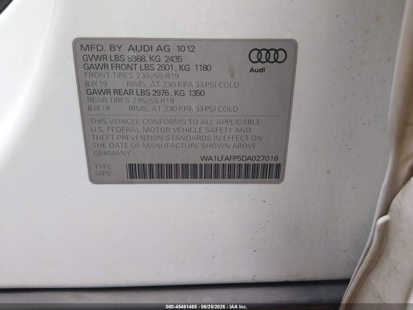 2013 Audi Q5 VIN WA1LFAFP5DA027016 IAAI salvage auction — NORMAL WEAR, Clear-Dealer Only (Montana), sold $550 on 2026-07-28 (photo 9)
