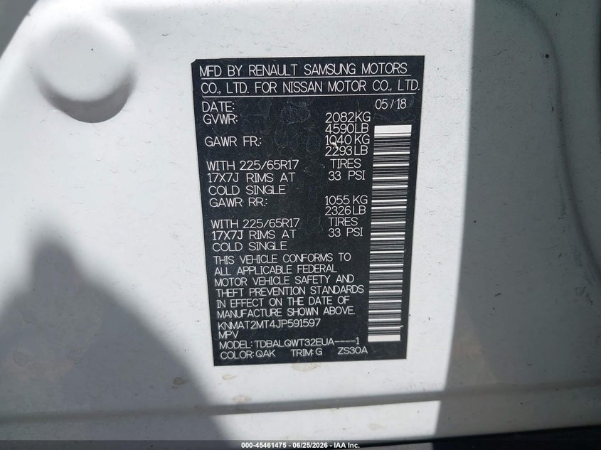 2018 Nissan Rogue VIN KNMAT2MT4JP591597 IAAI salvage auction — FRONT END, Salvage Title, sold $825 on 2026-07-29 (photo 9)