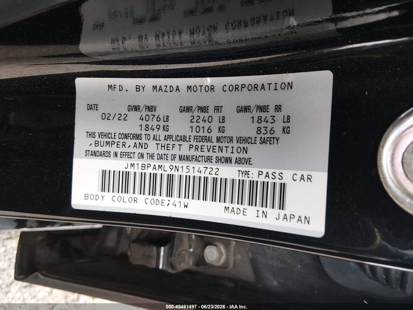 2022 Mazda VIN JM1BPAML9N1514722 IAAI salvage auction — RIGHT FRONT, Salvage Title, sold $1,250 on 2026-07-28 (photo 9)