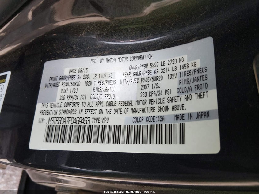 2015 Mazda Cx-9 VIN JM3TB3DA7F0469453 IAAI salvage auction — NORMAL WEAR, Clear - Public Restricted (Oklahoma), sold $875 on 2026-07-29 (photo 9)