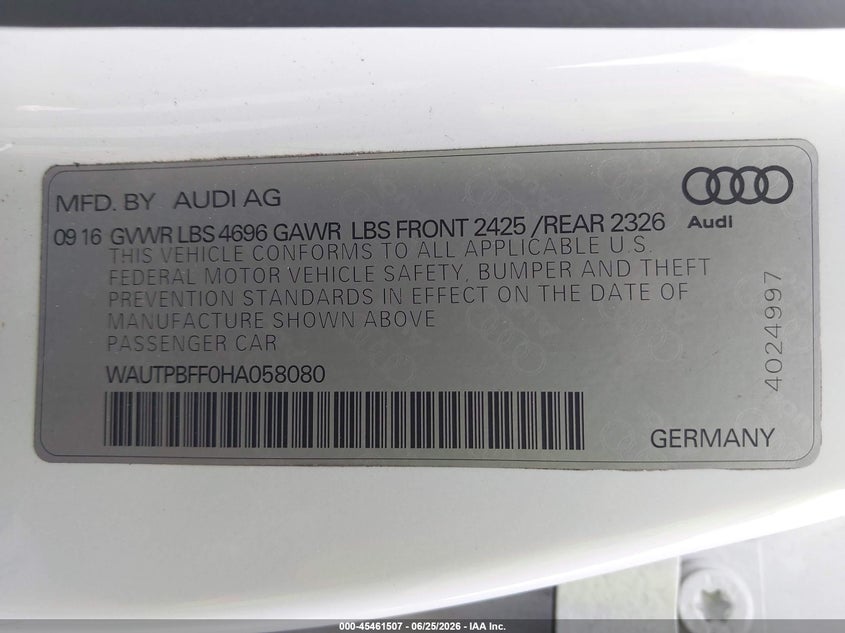 2017 Audi A3 VIN WAUTPBFF0HA058080 IAAI salvage auction — LEFT REAR, Bill Of Sale (Washington), sold $2,850 on 2026-07-22 (photo 9)