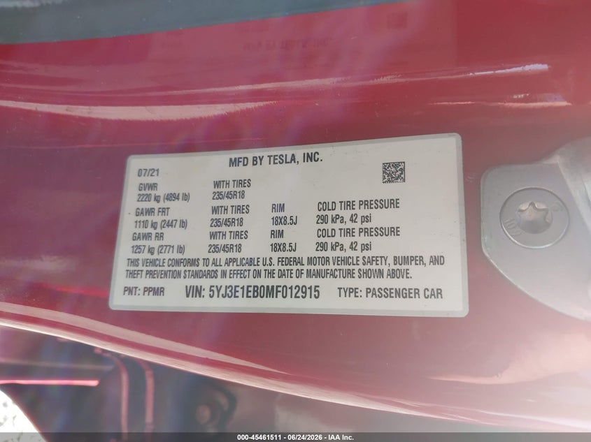 2021 Tesla Model 3 VIN 5YJ3E1EB0MF012915 IAAI salvage auction — RIGHT SIDE, Salvage Title, sold $7,700 on 2026-07-23 (photo 9)