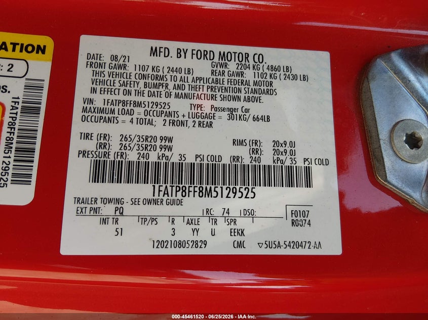 2021 Ford Mustang VIN 1FATP8FF8M5129525 IAAI salvage auction — FRONT END, Salvage (California), sold $7,200 on 2026-07-29 (photo 9)