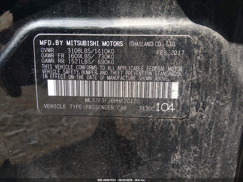 2017 Mitsubishi VIN ML32F3FJ6HHF20120 IAAI salvage auction — FRONT END, Salvage Title, sold $1,500 on 2026-07-22 (photo 9)