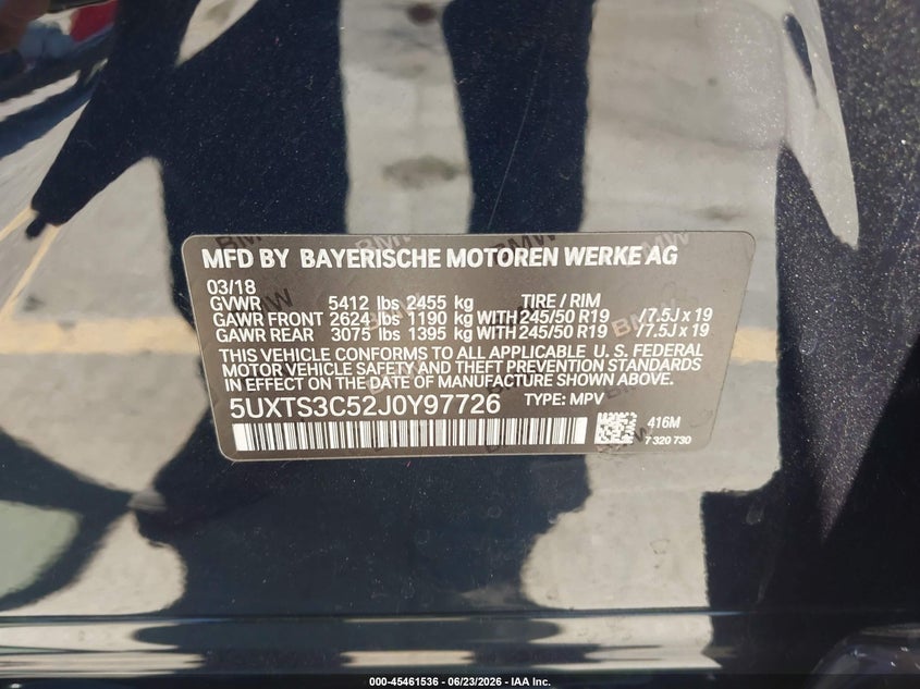 2018 BMW X3 VIN 5UXTS3C52J0Y97726 IAAI salvage auction — FRONT & REAR, Salvage (California), sold $12,300 on 2026-07-20 (photo 9)