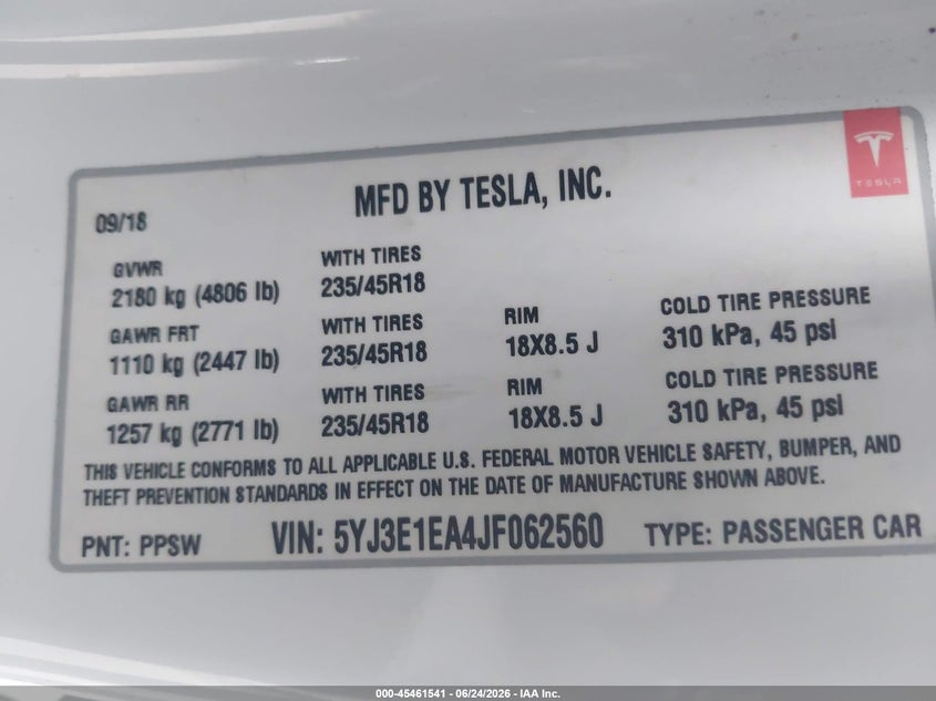 2018 Tesla Model 3 VIN 5YJ3E1EA4JF062560 IAAI salvage auction — LEFT REAR, Wait Title, sold $6,700 on 2026-08-31 (photo 9)