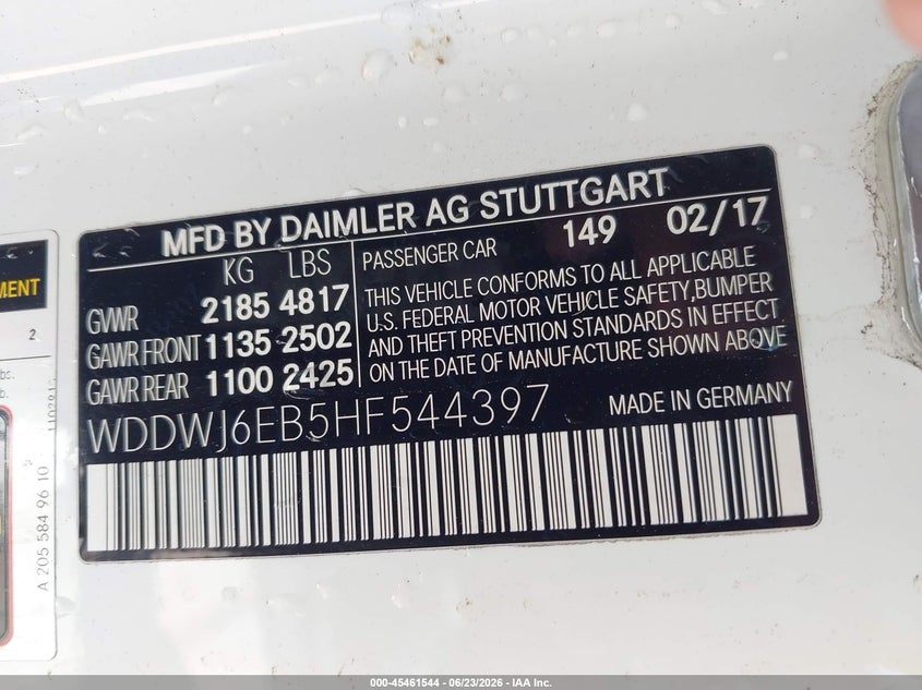 2017 Mercedes-benz VIN WDDWJ6EB5HF544397 IAAI salvage auction — FRONT END, Salvage Title, sold $13,200 on 2026-07-29 (photo 9)