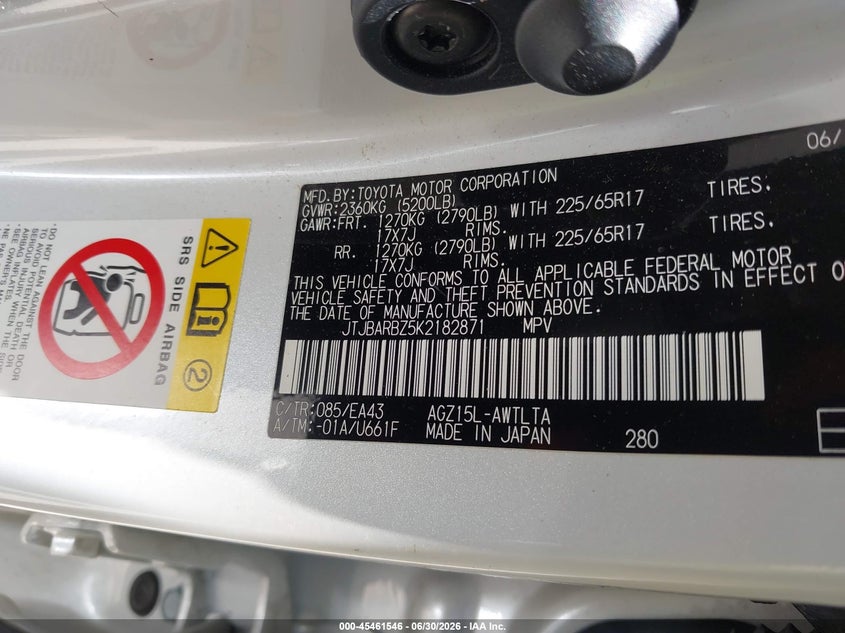 2019 Lexus Nx VIN JTJBARBZ5K2182871 IAAI salvage auction — RIGHT SIDE, Salvage (Texas), sold $7,100 on 2026-07-21 (photo 9)