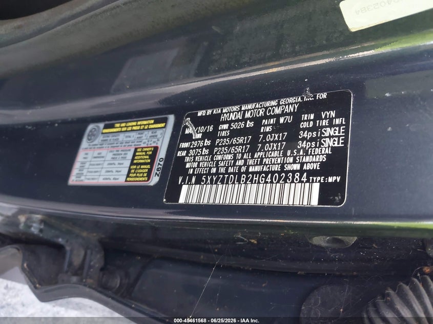 2017 Hyundai Santa fe VIN 5XYZTDLB2HG402384 IAAI salvage auction — NORMAL WEAR, Clear (Florida), sold $2,400 on 2026-07-06 (photo 9)