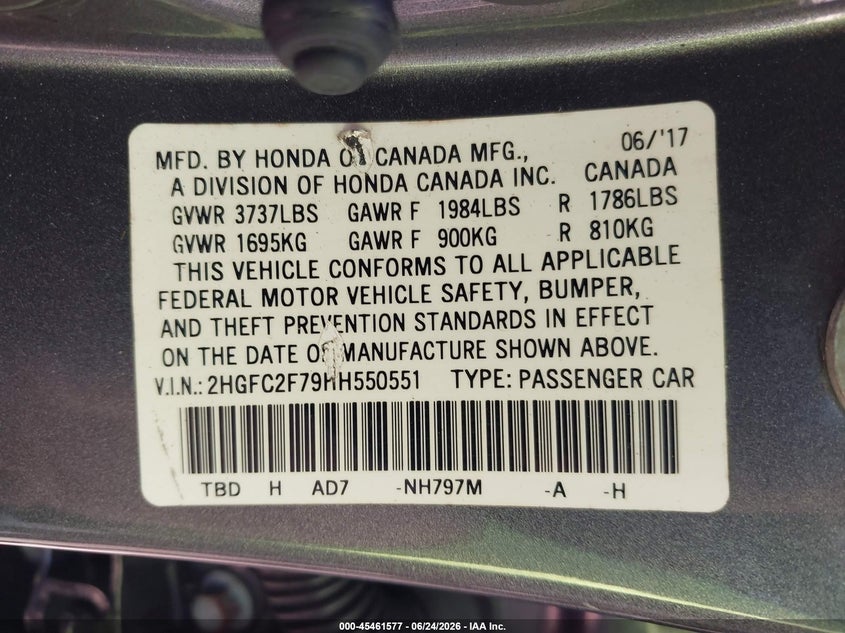 2017 Honda Civic VIN 2HGFC2F79HH550551 IAAI salvage auction — SIDE, Salvage Title, sold $625 on 2026-08-22 (photo 9)