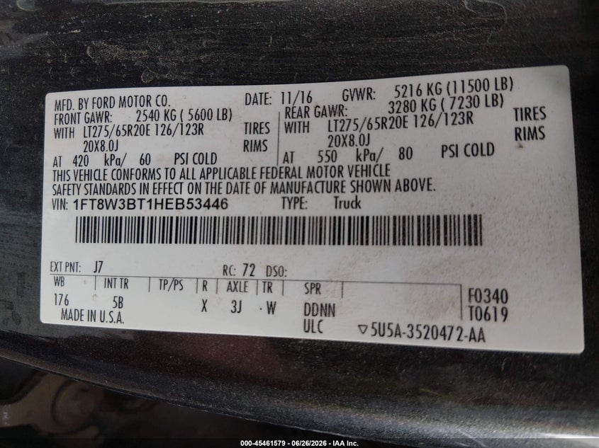2017 Ford F350 VIN 1FT8W3BT1HEB53446 IAAI salvage auction — HAIL, Salvage (Kansas), sold $10,500 on 2026-07-29 (photo 8)