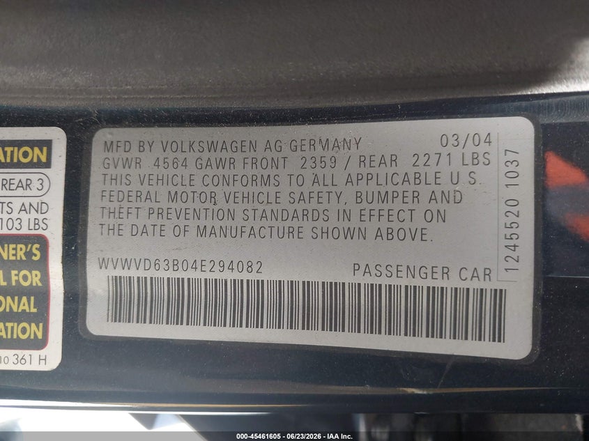 2004 Volkswagen Passat VIN WVWVD63B04E294082 IAAI salvage auction — FRONT END, Salvage (California), sold $300 on 2026-08-13 (photo 9)