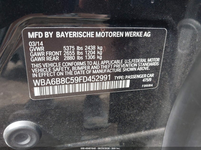 2015 BMW 6er VIN WBA6B8C59FD452991 IAAI salvage auction — FRONT END, Salvage (Ohio), sold $2,800 on 2026-07-30 (photo 9)