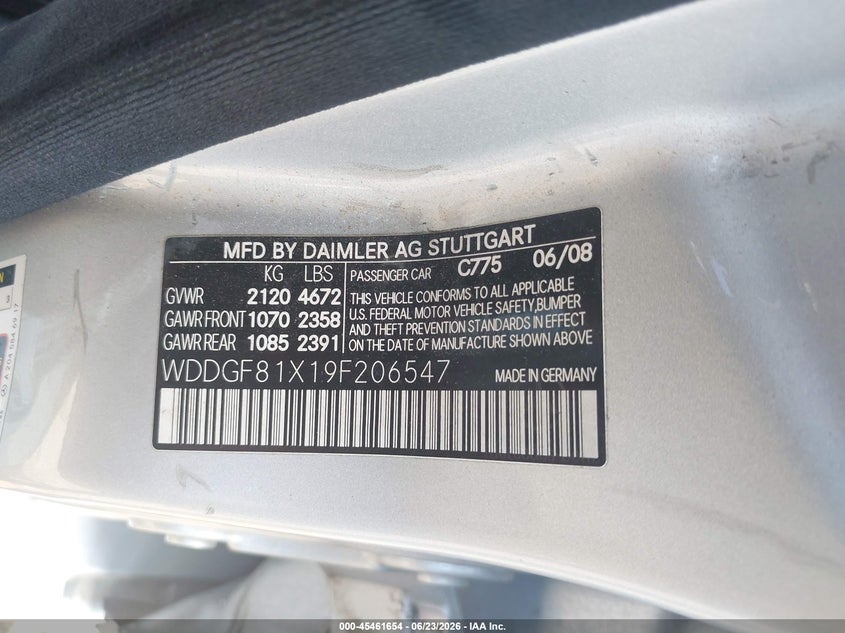 2009 Mercedes-benz C class VIN WDDGF81X19F206547 IAAI salvage auction — REAR END, Salvage (Mississippi), sold $825 on 2026-07-22 (photo 9)