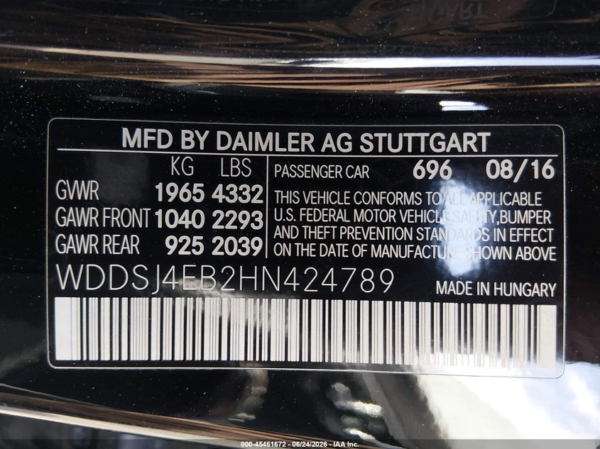 2017 Mercedes-benz Cla-klasse VIN WDDSJ4EB2HN424789 IAAI salvage auction — RIGHT SIDE, Salvage (Nevada), sold $2,500 on 2026-08-11 (photo 9)
