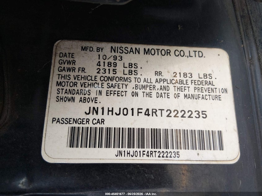 1994 Nissan Maxima VIN JN1HJ01F4RT222235 IAAI salvage auction — FRONT END, Clear (South Carolina), sold $450 on 2026-07-08 (photo 9)