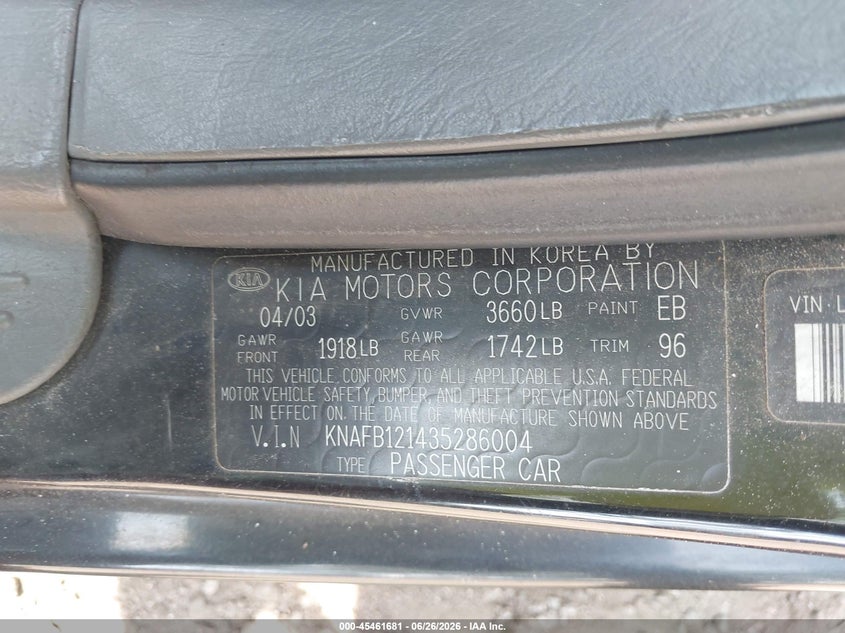 2003 Kia Spectra VIN KNAFB121435286004 IAAI salvage auction — NORMAL WEAR, Clear (Virginia), sold $225 on 2026-07-23 (photo 9)