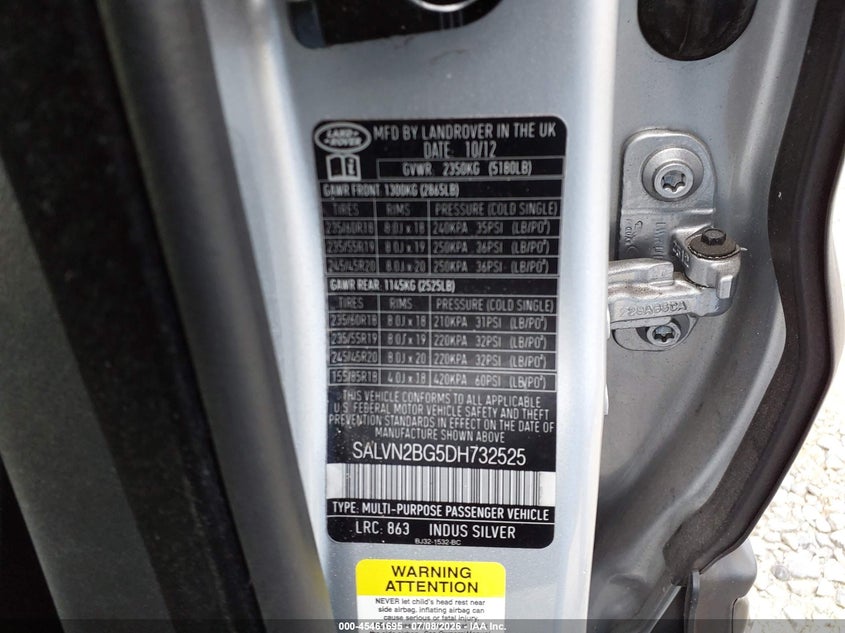 2013 Land rover Range rover evoque VIN SALVN2BG5DH732525 IAAI salvage auction — NORMAL WEAR, Clear (Montana), sold $1,000 on 2026-07-29 (photo 9)