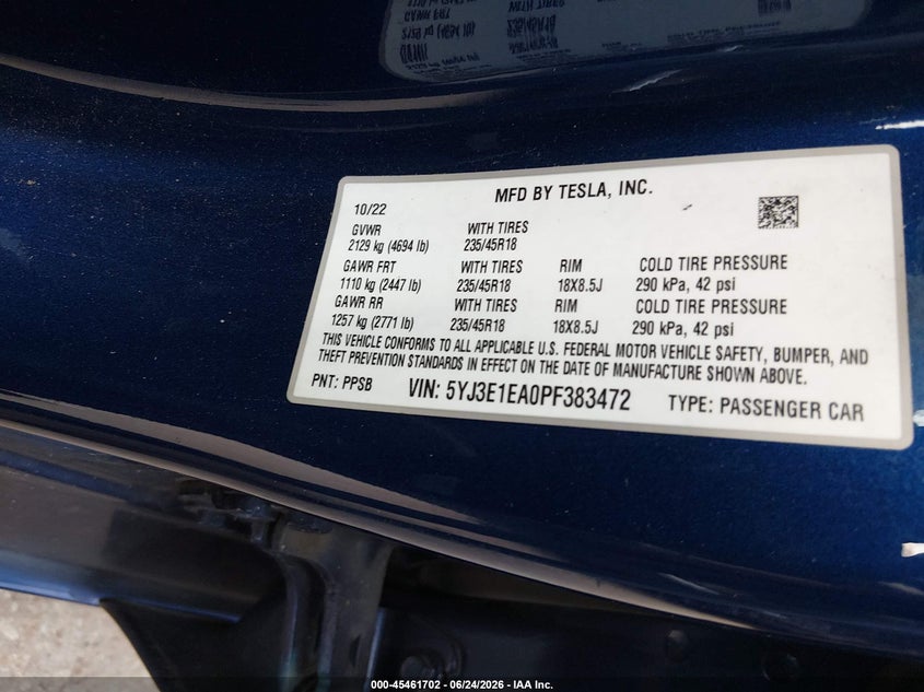 2023 Tesla Model 3 VIN 5YJ3E1EA0PF383472 IAAI salvage auction — REAR END, Original (Texas), sold $6,300 on 2026-08-02 (photo 9)
