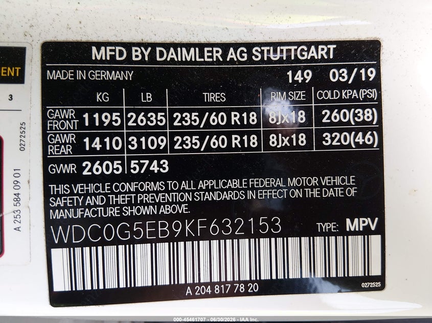 2019 Mercedes-benz Glc VIN WDC0G5EB9KF632153 IAAI salvage auction — REAR END, Salvage (North Carolina), sold $9,200 on 2026-07-26 (photo 9)