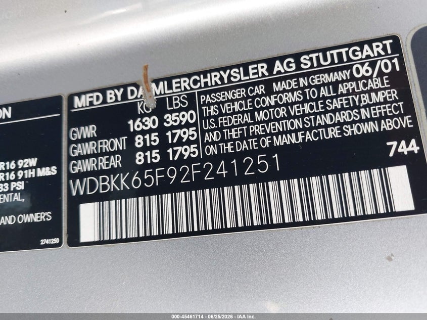 2002 Mercedes-benz Slk-klasse VIN WDBKK65F92F241251 IAAI salvage auction — NORMAL WEAR, Rebuilt (Indiana), sold $3,000 on 2026-07-15 (photo 9)