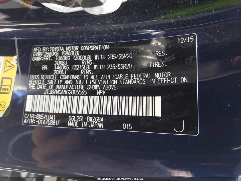 2016 Lexus Rx VIN JTJBZMCA8G2005565 IAAI salvage auction — FRONT END, Mv-907A (New York), sold $10,750 on 2026-07-07 (photo 9)