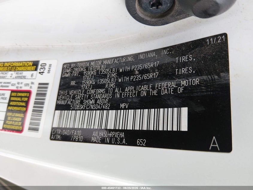 2022 Toyota Sienna VIN 5TDBSKFC7NS047482 IAAI salvage auction — HAIL, Salvage (Iowa), sold $5,300 on 2026-07-21 (photo 9)