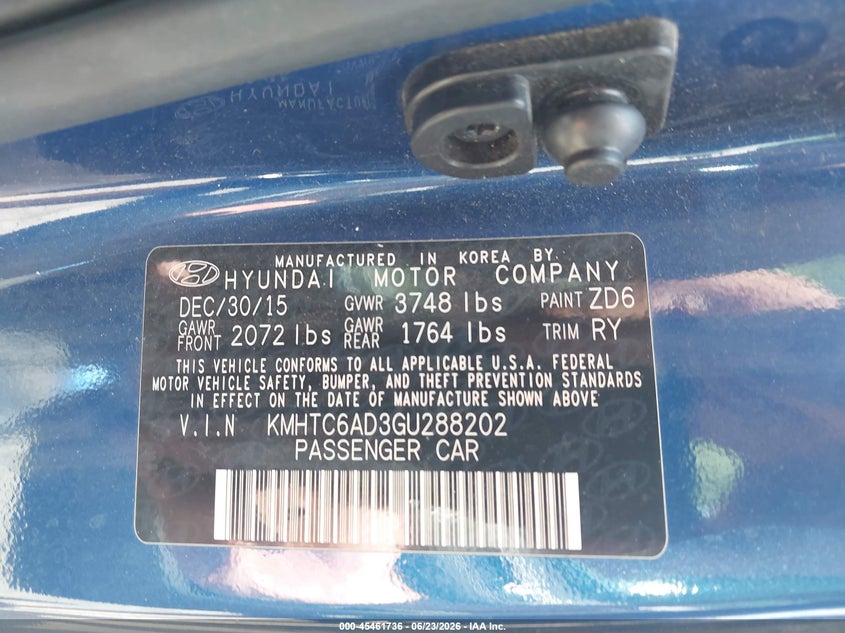 2016 Hyundai Veloster VIN KMHTC6AD3GU288202 IAAI salvage auction — SIDE, Salvage Title, sold $725 on 2026-07-30 (photo 9)