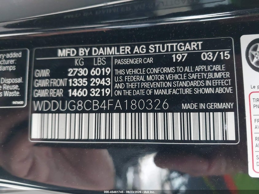 2015 Mercedes-benz S-klasse VIN WDDUG8CB4FA180326 IAAI salvage auction — NORMAL WEAR, Clear - Dealer Only (California), sold $7,275 on 2026-07-24 (photo 9)