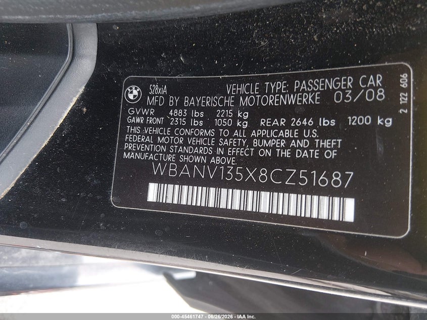 2008 BMW VIN WBANV135X8CZ51687 IAAI salvage auction — RIGHT REAR, Clear (Minnesota), sold $700 on 2026-07-06 (photo 9)