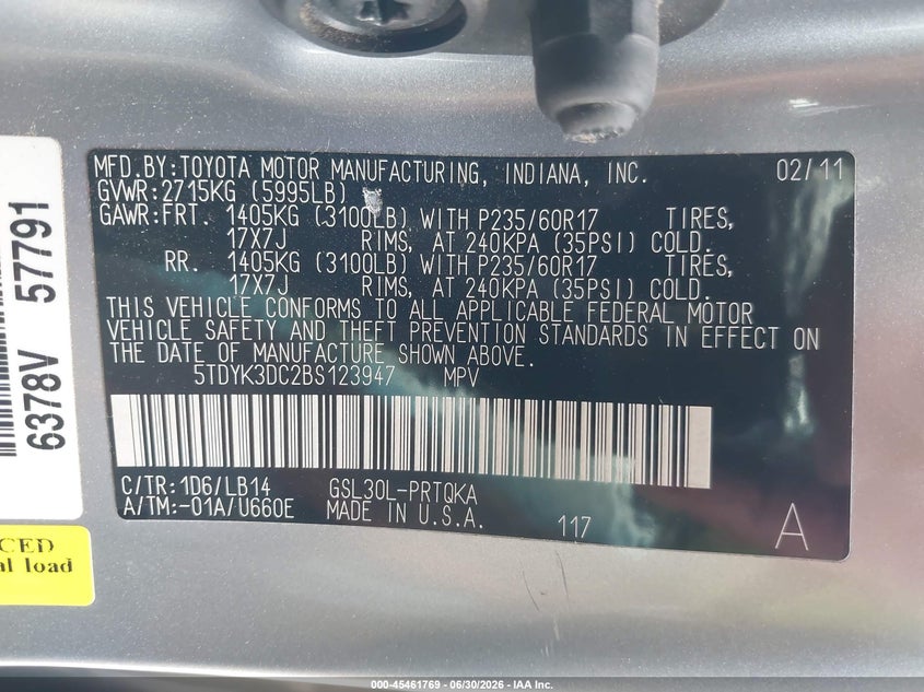 2011 Toyota Sienna VIN 5TDYK3DC2BS123947 IAAI salvage auction — WATER/FLOOD, Salvage (Texas), sold $3,300 on 2026-07-10 (photo 9)
