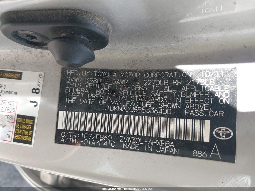 2011 Toyota Prius VIN JTDKN3DU8B5336400 IAAI salvage auction — NORMAL WEAR, Clear (Indiana), sold $950 on 2026-07-22 (photo 9)