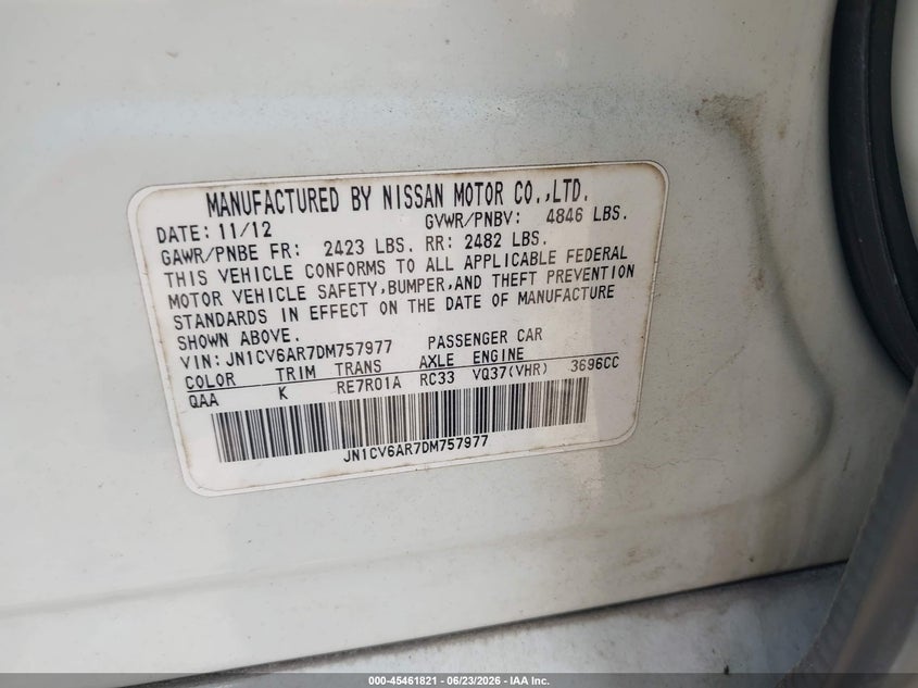 2013 Infiniti G VIN JN1CV6AR7DM757977 IAAI salvage auction — NORMAL WEAR, Original (Texas), sold $525 on 2026-07-09 (photo 9)