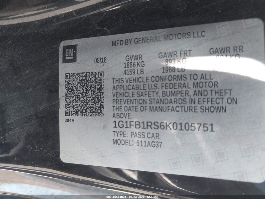 2019 Chevrolet Camaro VIN 1G1FB1RS6K0105751 IAAI salvage auction — RIGHT SIDE, Salvage Title, sold $5,550 on 2026-07-10 (photo 9)