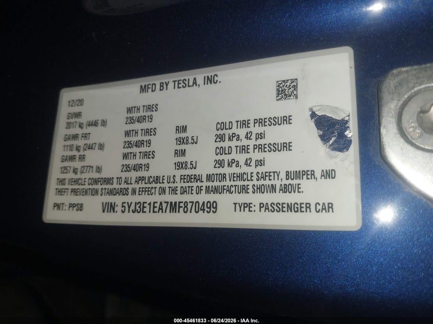 2021 Tesla Model 3 VIN 5YJ3E1EA7MF870499 IAAI salvage auction — LEFT REAR, Salvage (Arizona), sold $5,500 on 2026-07-30 (photo 9)
