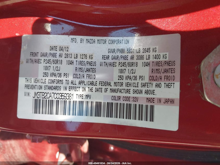 2012 Mazda Cx-9 VIN JM3TB2CA7C0359381 IAAI salvage auction — NORMAL WEAR, Clear (Alabama), sold $275 on 2026-07-29 (photo 9)