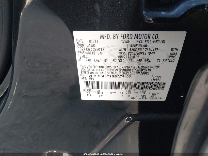 2011 Ford Edge VIN 2FMDK4JC2BBA79406 IAAI salvage auction — FRONT END, Salvage (California), sold $450 on 2026-07-09 (photo 9)