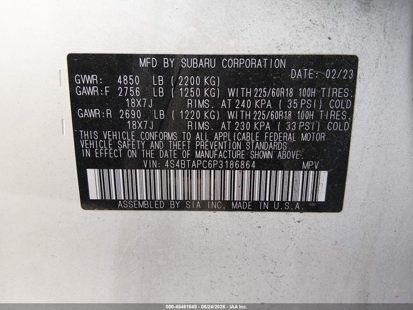 2023 Subaru Outback VIN 4S4BTAPC6P3186864 IAAI salvage auction — REAR END, Salvage Title, sold $11,400 on 2026-07-27 (photo 9)