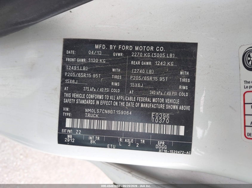 2013 Ford Transit VIN NM0LS7CN6DT159064 IAAI salvage auction — REAR END, Certificate Of Title (Nebraska), sold $550 on 2026-07-09 (photo 9)