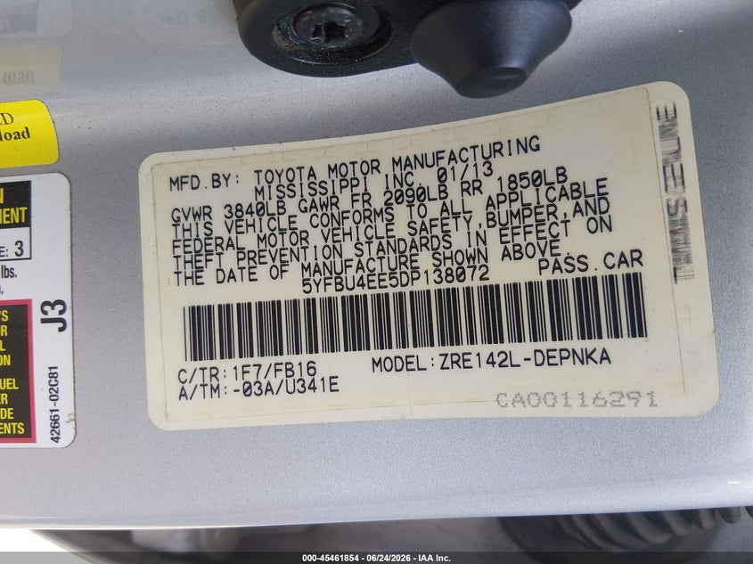 2013 Toyota Corolla VIN 5YFBU4EE5DP138072 IAAI salvage auction — NORMAL WEAR, Original (Texas), sold $825 on 2026-07-13 (photo 9)