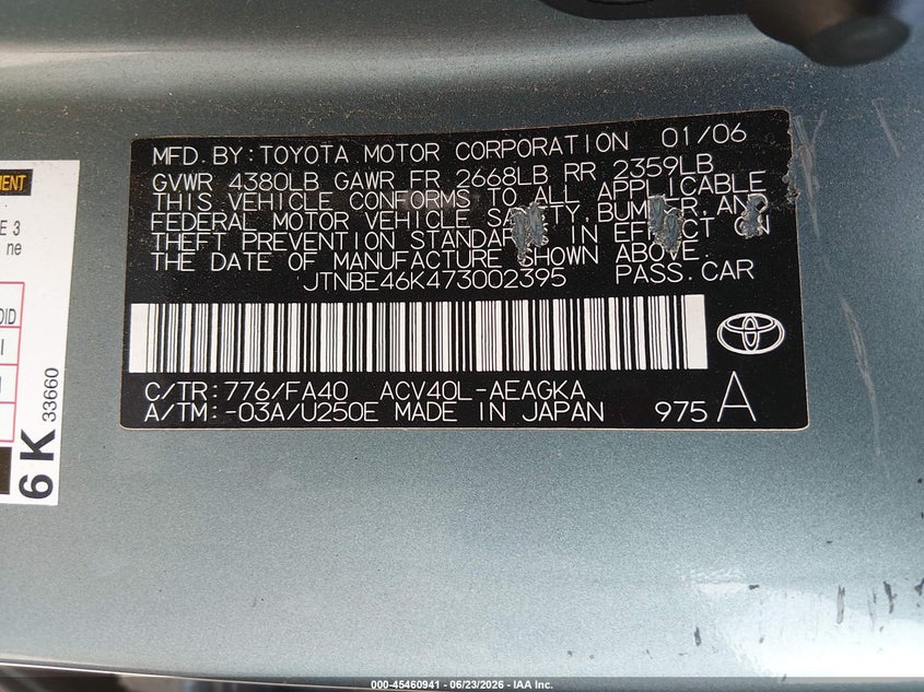 2007 Toyota Camry VIN JTNBE46K473002395 IAAI salvage auction — REAR END, Salvage (California), sold $950 on 2026-07-22 (photo 9)
