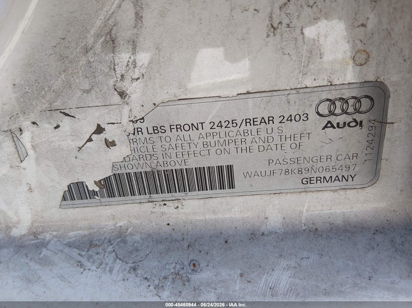 2009 Audi A4 VIN WAUJF78K89N065497 IAAI salvage auction — RIGHT SIDE, Salvage (Alabama), sold $225 on 2026-07-23 (photo 9)