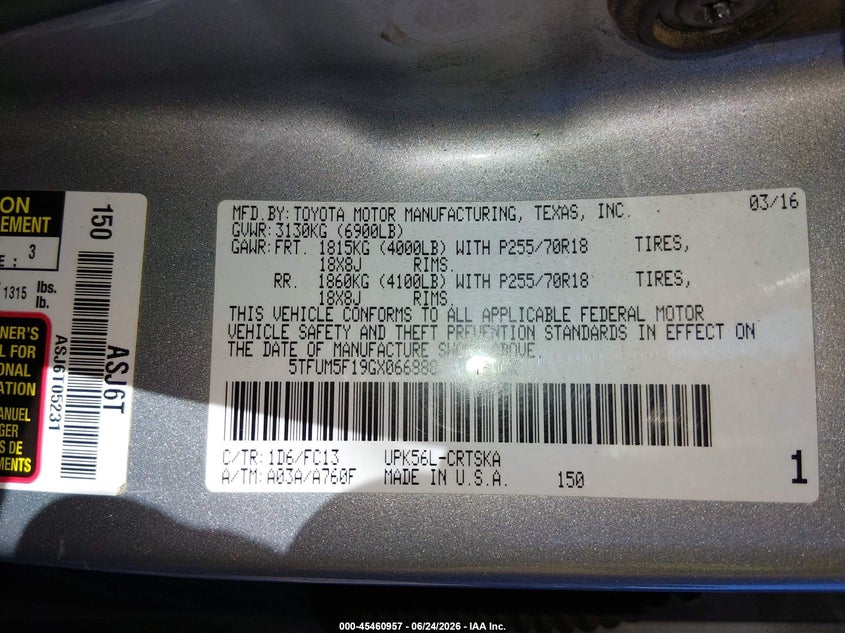 2016 Toyota Tundra VIN 5TFUM5F19GX066888 IAAI salvage auction — FRONT END, Salvage (Pennsylvania), sold $3,550 on 2026-07-17 (photo 9)