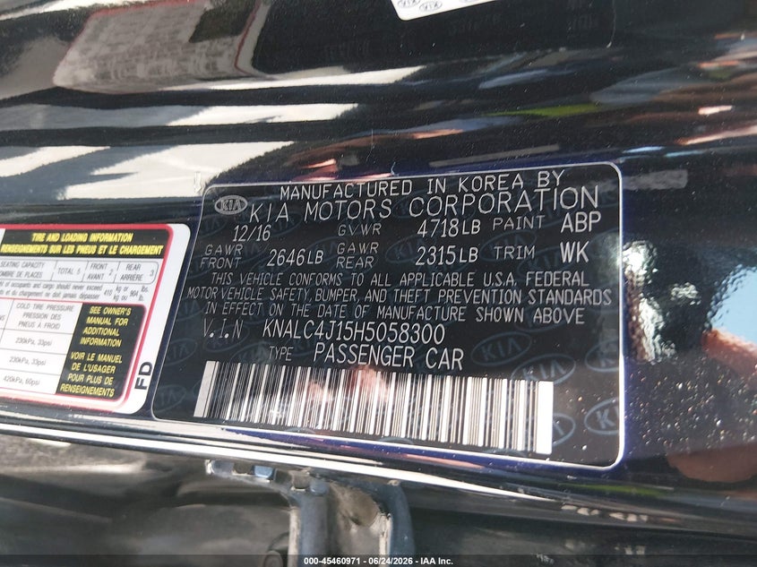 2017 Kia Cadenza VIN KNALC4J15H5058300 IAAI salvage auction — RIGHT FRONT, Salvage (California), sold $1,950 on 2026-07-16 (photo 9)