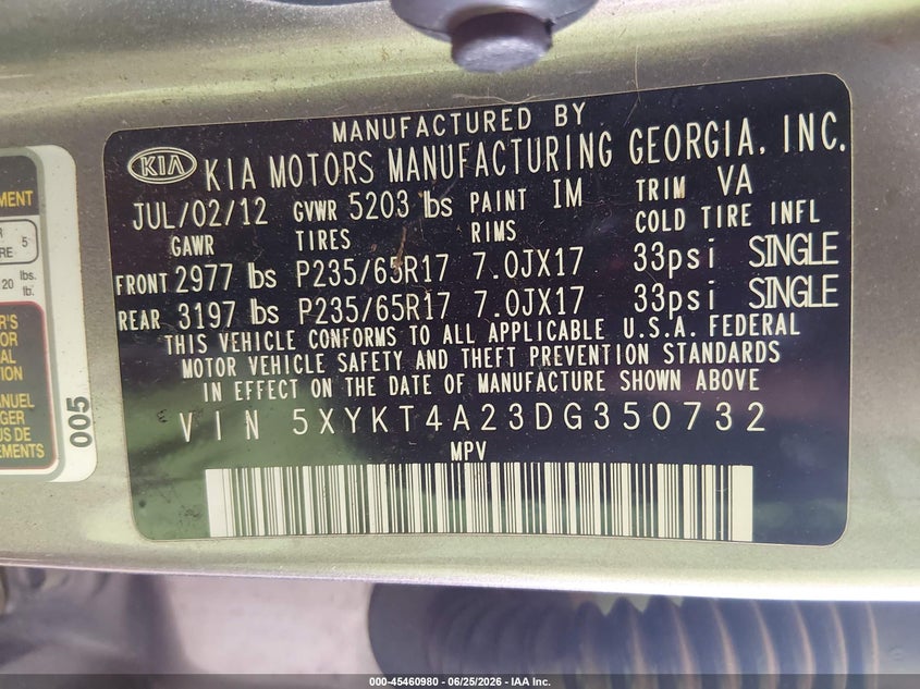 2013 Kia Sorento VIN 5XYKT4A23DG350732 IAAI salvage auction — NORMAL WEAR, Clear-Dealer Only (Arizona), sold $350 on 2026-07-28 (photo 9)